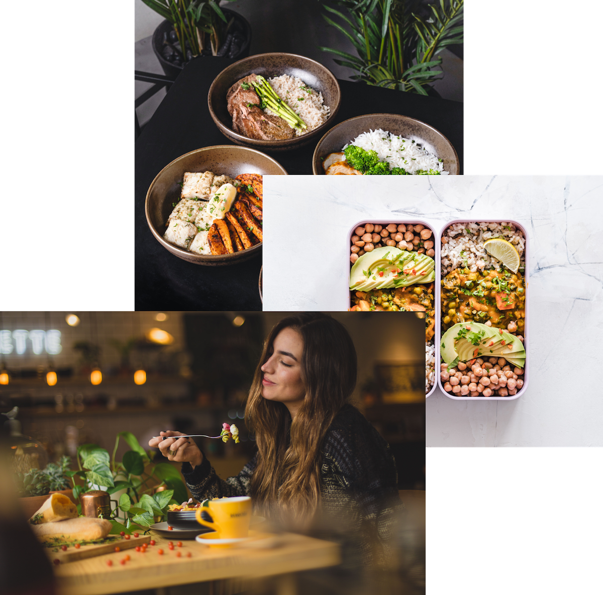 Woman eating, food in bowl, meals